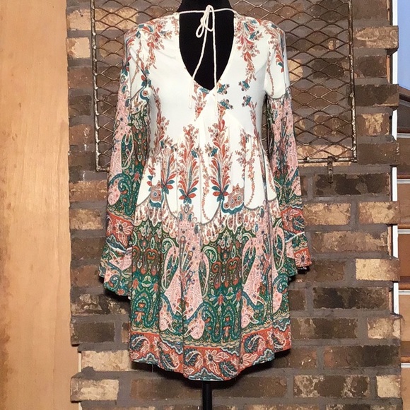 Umgee tunic blouse bohemian paisley green maroon blue tan white S - Picture 1 of 7